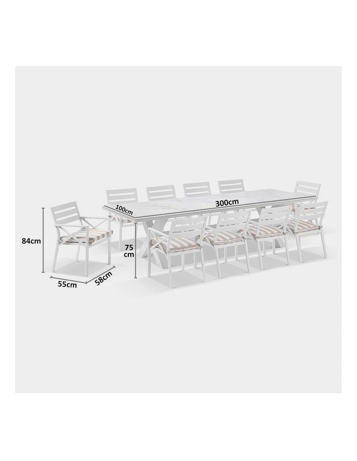 Kansas Outdoor Ceramic 3m Dining Table Setting White With 10 Chairs & Heather Beige Cushions image 6