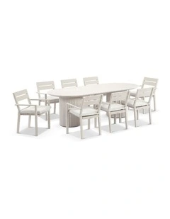 Aria Outdoor 2.4m Ceramic and Table Light Dune With 8 Santorini Dining Chairs & Sandstone Cushions