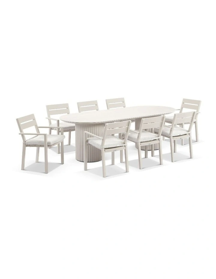 Aria Outdoor 2.4m Ceramic and Table Light Dune With 8 Santorini Dining Chairs & Sandstone Cushions image 1