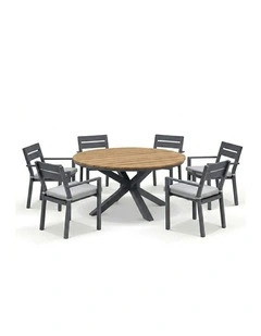 Tuscany Round 1.5m Teak Dining Table Charcoal With 6 Santorini Chairs & Olefin Grey Cushions