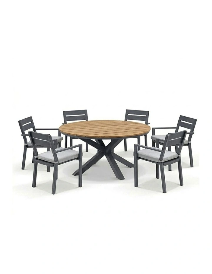 Tuscany Round 1.5m Teak Dining Table Charcoal With 6 Santorini Chairs & Olefin Grey Cushions image 1