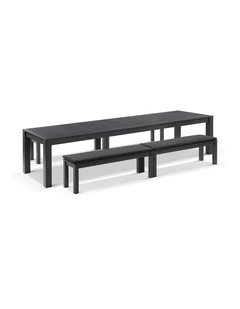 Santorini 3.55m Outdoor Rectangle Dining Table Charcoal With 4 Bench Seats & Denim Grey Cushions