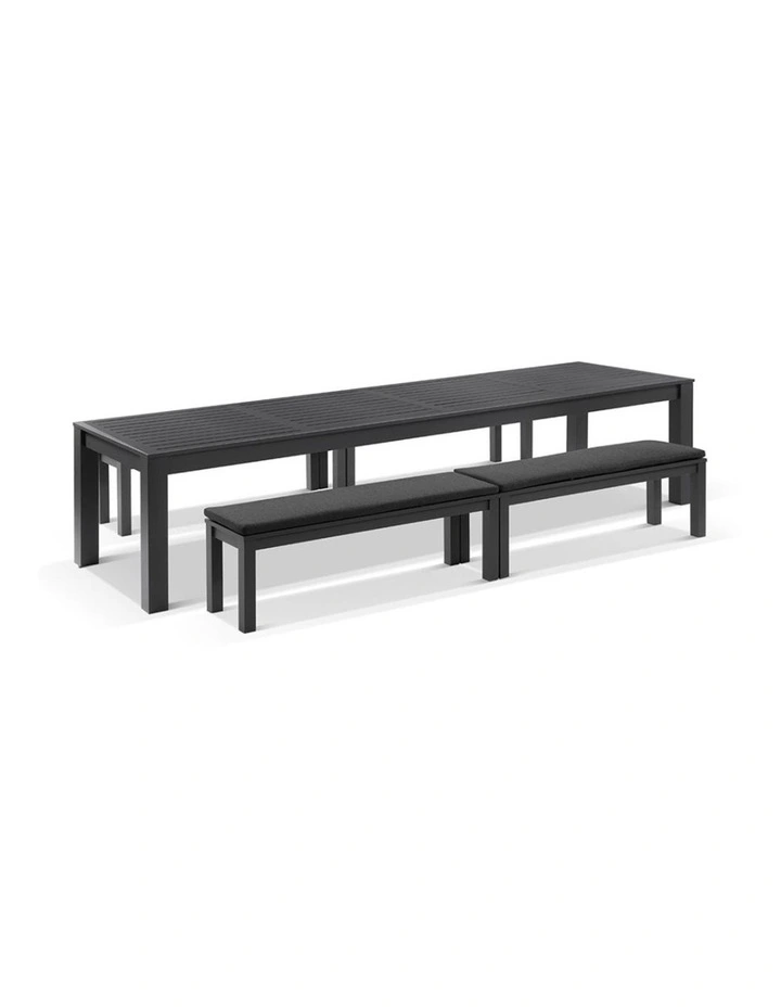 Santorini 3.55m Outdoor Rectangle Dining Table Charcoal With 4 Bench Seats & Denim Grey Cushions image 1