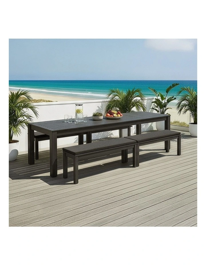 Santorini 3.55m Outdoor Rectangle Dining Table Charcoal With 4 Bench Seats & Denim Grey Cushions image 4