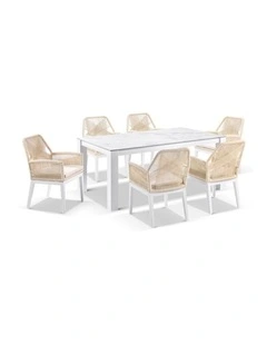 Hugo Ceramic 1.8m Outdoor Dining Table White With 6 Rope Chairs & Cream Rope/Cream Cushions