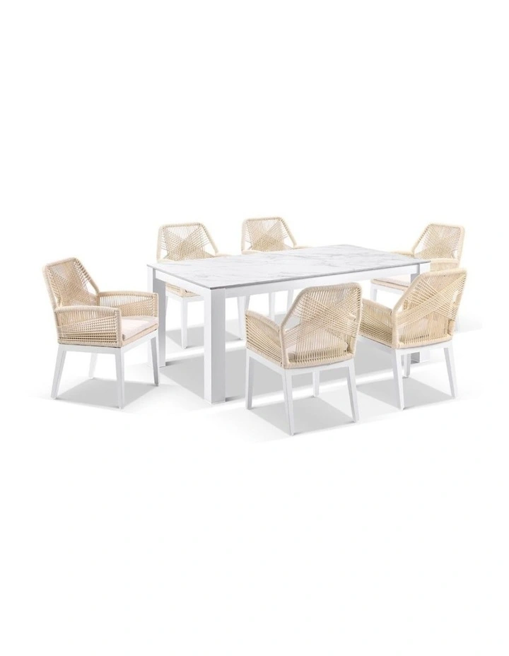 Hugo Ceramic 1.8m Outdoor Dining Table White With 6 Rope Chairs & Cream Rope/Cream Cushions image 1