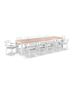 Balmoral 3.55m Outdoor Teak Top Table White With 12 Capri Chairs & Textured Olefin Grey Cushions