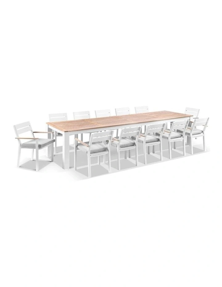Balmoral 3.55m Outdoor Teak Top Table White With 12 Capri Chairs & Textured Olefin Grey Cushions image 1
