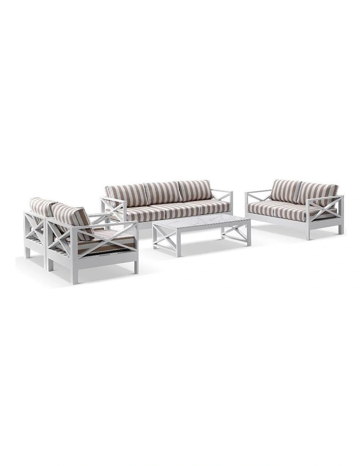 Kansas 3 2 1 1 seater Outdoor Lounge Set with Coffee Table in Sunbrella & Maxim Beige Cushions image 1