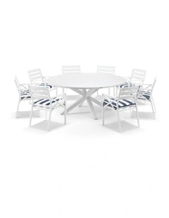 Houston Outdoor 1.8m Round Dining Setting White With 8 Kansas Chairs & Navy Stripe Cushions