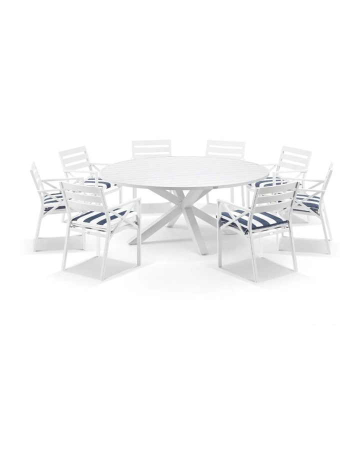Houston Outdoor 1.8m Round Dining Setting White With 8 Kansas Chairs & Navy Stripe Cushions image 1