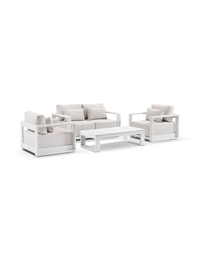 Whitehaven 2 1 1 Seater Outdoor Lounge Set White With Santorini Coffee Table & Sandstone Cushions image 1
