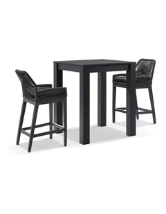 Santorini Outdoor Square Bar Table Charcoal With 2 Hugo Stools & Carbon Grey/Denim Grey Cushions
