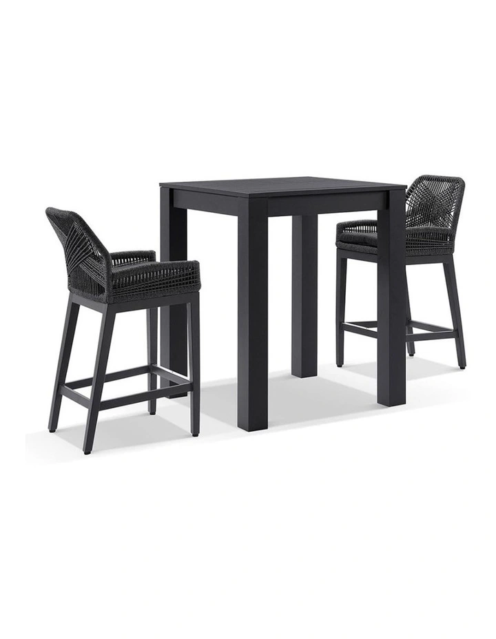 Santorini Outdoor Square Bar Table Charcoal With 2 Hugo Stools & Carbon Grey/Denim Grey Cushions image 1