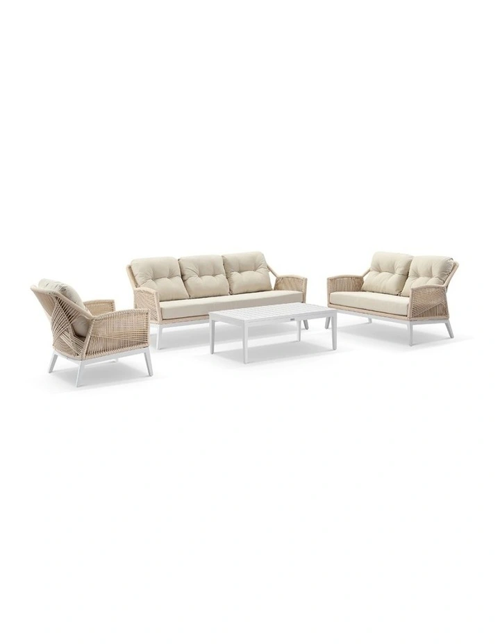 Hugo 3 2 1 Seater Outdoor Rope Lounge Set White With Coffee Table & Cream Rope/Cream Cushions image 1