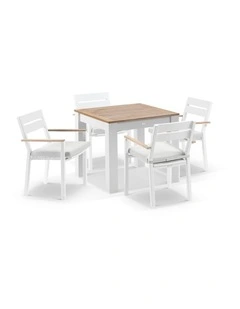 Balmoral 4 Seater Square Teak Top Dining Table White With Capri Chairs & Olefin Grey Cushions