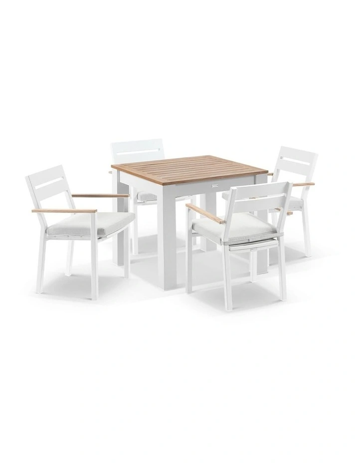 Balmoral 4 Seater Square Teak Top Dining Table White With Capri Chairs & Olefin Grey Cushions image 1