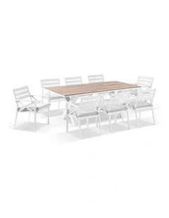 Kansas 2m Outdoor Teak Timber and Dining Table White With 8 Chairs & Textured Olefin Grey Cushion