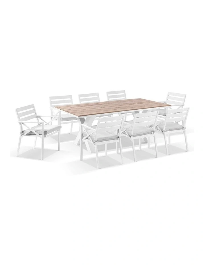 Kansas 2m Outdoor Teak Timber and Dining Table White With 8 Chairs & Textured Olefin Grey Cushion image 1