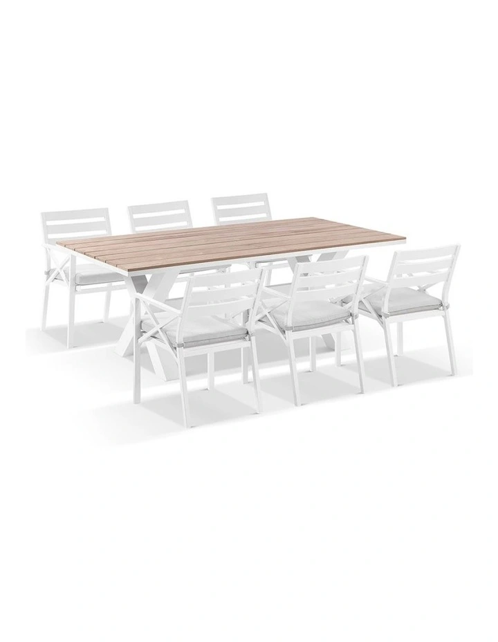 Kansas 2m Outdoor Teak Timber and Dining Table White With 8 Chairs & Textured Olefin Grey Cushion image 2