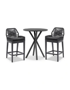 Houston Outdoor 90cm Round Bar Table Charcoal With 2 Hugo Stools & Carbon Grey/Denim Grey Cushions