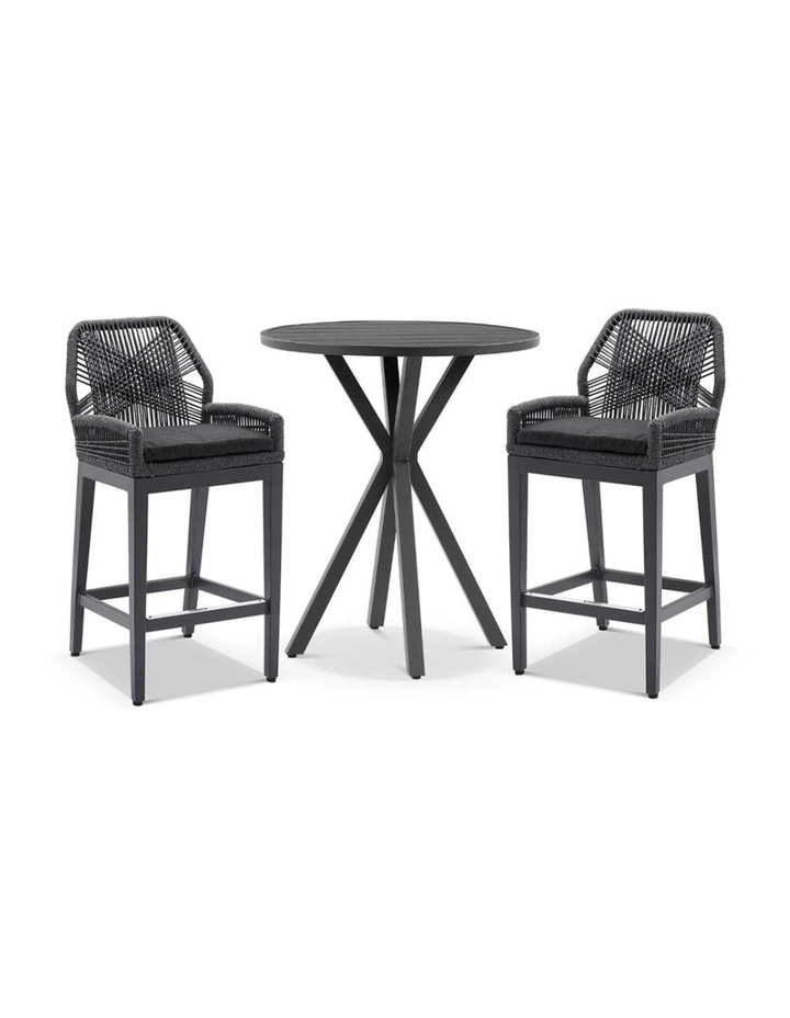 Houston Outdoor 90cm Round Bar Table Charcoal With 2 Hugo Stools & Carbon Grey/Denim Grey Cushions image 1