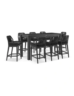 Hugo Outdoor Ceramic 2m Rectangle Bar Table Charcoal With 8 Rope Stools & Denim Grey Cushions