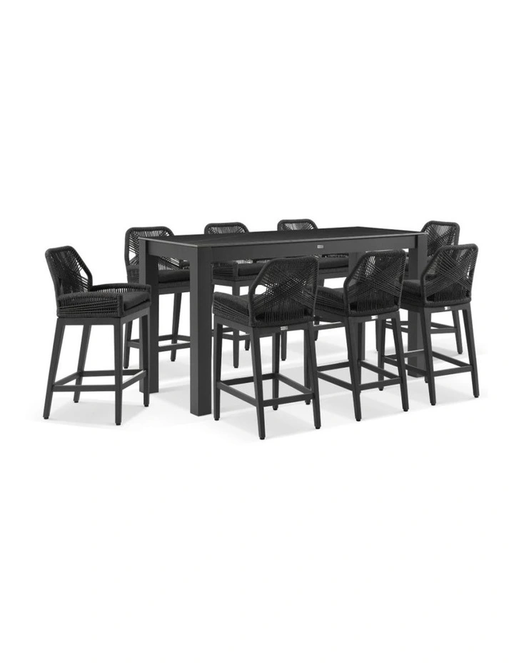 Hugo Outdoor Ceramic 2m Rectangle Bar Table Charcoal With 8 Rope Stools & Denim Grey Cushions image 1