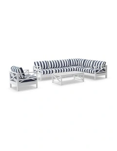 Kansas Outdoor Corner Modular Lounge Set White With Chair & Coffee Table Navy Stripe Cushions