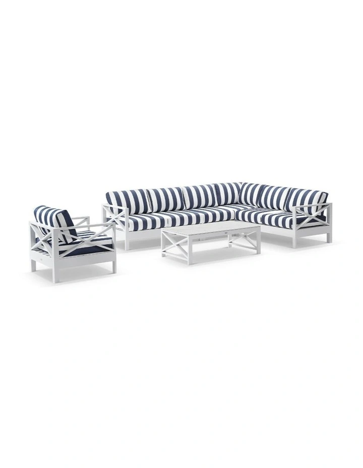 Kansas Outdoor Corner Modular Lounge Set White With Chair & Coffee Table Navy Stripe Cushions image 1