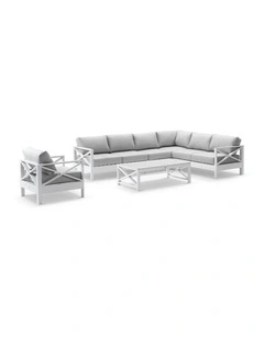 Kansas Outdoor Corner Modular Lounge Set White With Chair & Coffee Table Olefin Grey Cushions