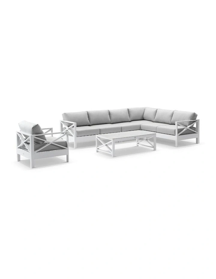 Kansas Outdoor Corner Modular Lounge Set White With Chair & Coffee Table Olefin Grey Cushions image 1
