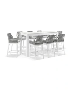 Hugo Ceramic 2m Rectangle Bar Table White With 8 Rope Stools & Textured Olefin Grey Cushions