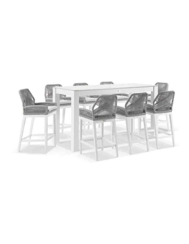 Hugo Ceramic 2m Rectangle Bar Table White With 8 Rope Stools & Textured Olefin Grey Cushions image 1