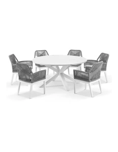 Houston Outdoor 1.5m Dining Setting White With 6 Hugo Chairs & Grey Rope w/Textured Olefin Cushions