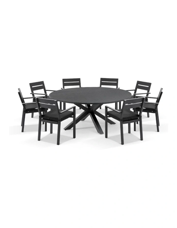 Houston Outdoor 1.8m Round Dining Setting Charcoal With 8 Santorini Chairs & Denim Grey Cushions image 1