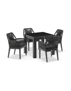 Hugo 4 Seater Square Ceramic Dining Table Charcoal With Chairs & Carbon Grey Rope/Denim Cushions