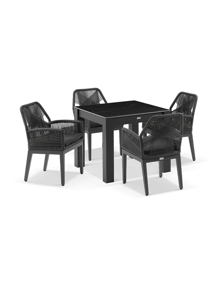 Hugo 4 Seater Square Ceramic Dining Table Charcoal With Chairs & Carbon Grey Rope/Denim Cushions image 1