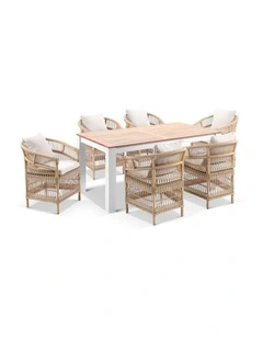 Balmoral 1.8m Outdoor Teak Top Table White With 6 Watego Malawi Style Chairs & Wheat Cushions