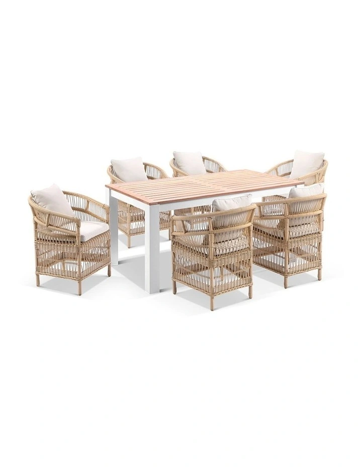 Balmoral 1.8m Outdoor Teak Top Table White With 6 Watego Malawi Style Chairs & Wheat Cushions image 1