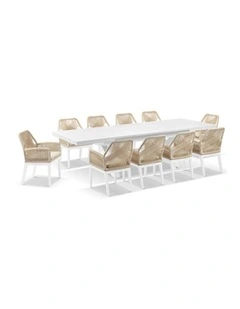 Austin Outdoor 2.2m - 3m Extension Table White With 10 Hugo Chairs & Cream Rope/Cream Cushions
