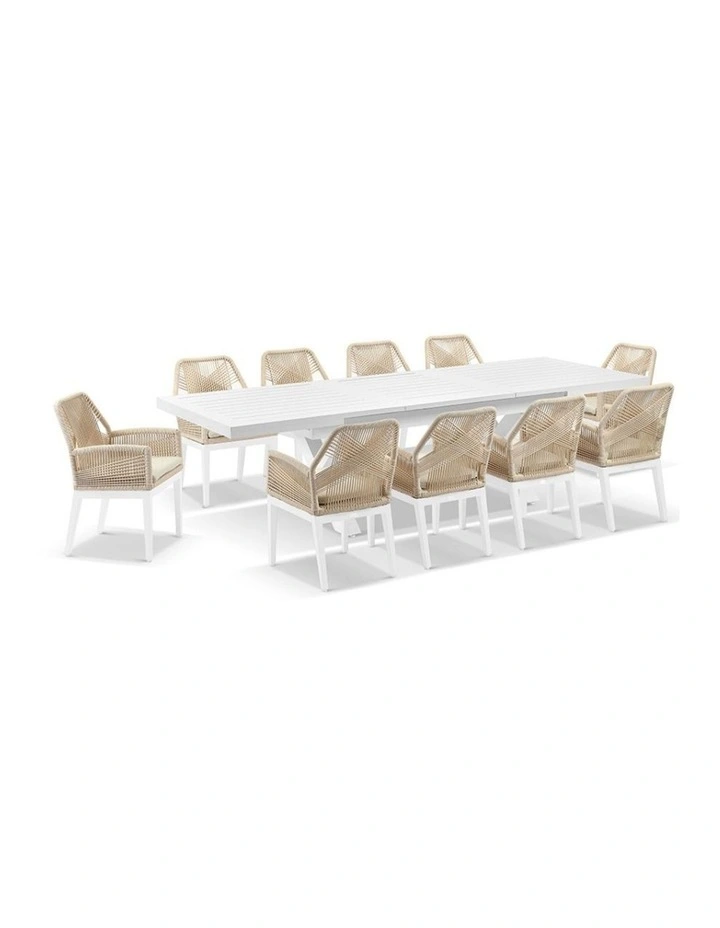Austin Outdoor 2.2m - 3m Extension Table White With 10 Hugo Chairs & Cream Rope/Cream Cushions image 1