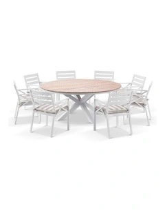 Tuscany 1.8m and Teak Dining Table White With 8 Kansas Chairs in Sunbrella & Heather Beige Cushions