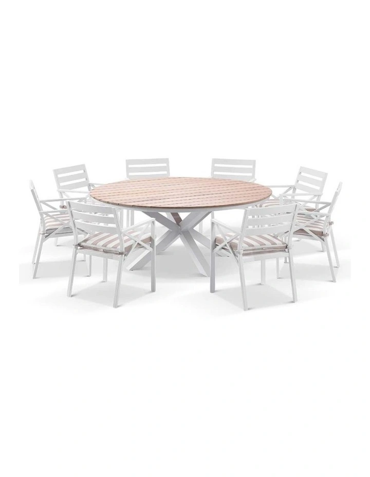 Tuscany 1.8m and Teak Dining Table White With 8 Kansas Chairs in Sunbrella & Heather Beige Cushions image 1