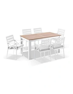 Balmoral 1.8m Teak Top Table White With 6 Kansas Dining Chairs & Textured Olefin Grey Cushions