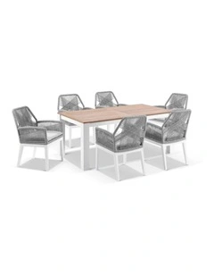 Balmoral Outdoor 1.8m Teak/ Table White With 6 Hugo Chairs & Grey Rope w/Textured Olefin Cushions