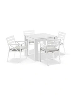 Hugo Outdoor 4 Seater Ceramic and Dining Table White With Kansas Chairs & Olefin Grey Cushions