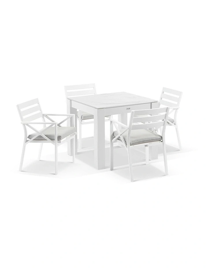 Hugo Outdoor 4 Seater Ceramic and Dining Table White With Kansas Chairs & Olefin Grey Cushions image 1