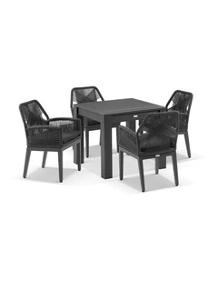 Santorini Outdoor 4 Seater Dining Table Charcoal With Hugo Chairs & Grey Rope/Denim Cushions
