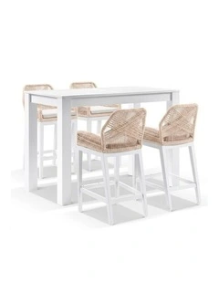 Santorini Outdoor 1.5m Bar Table White With 4 Hugo and Rope Stools & Cream Rope/Cream Cushions